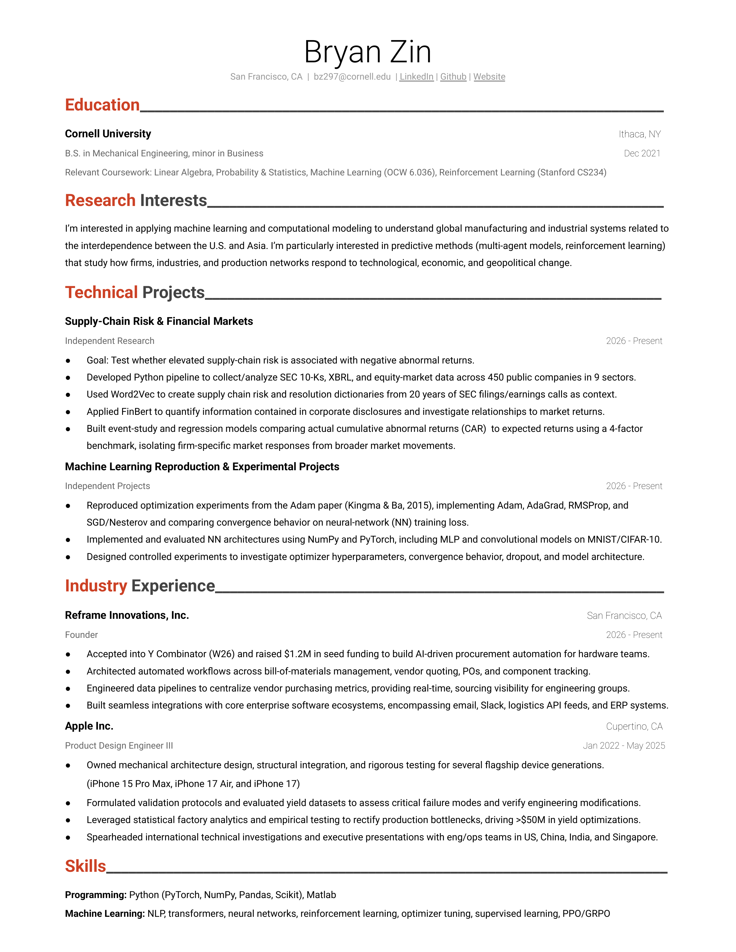 Bryan Zin resume